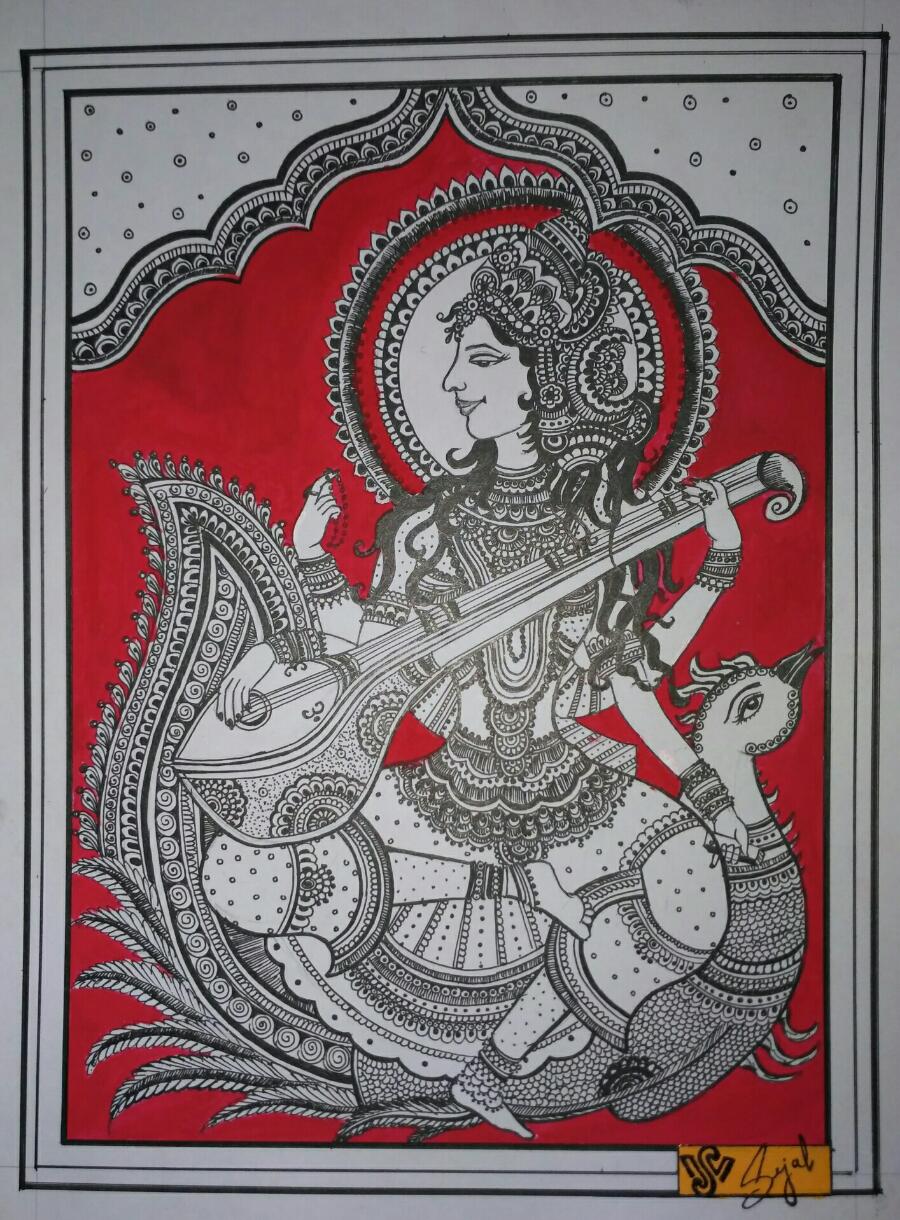Madhubani painting of goddess Saraswati